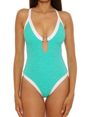 NWT Trina Turk Indio Plunge One-piece Swimsuit Aqua Plunge Padded Gold Ring 12